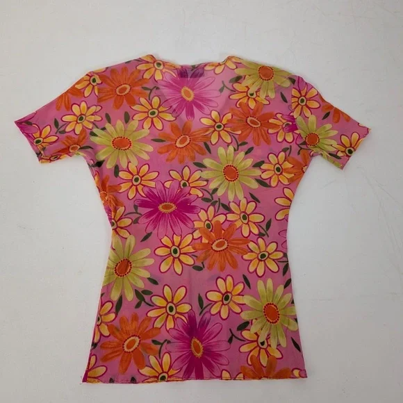 Free With Purchase - Floral Mesh T-Shirt Short Sleeve Sheer V-Neck Fitted Tight - Picture 5 of 9